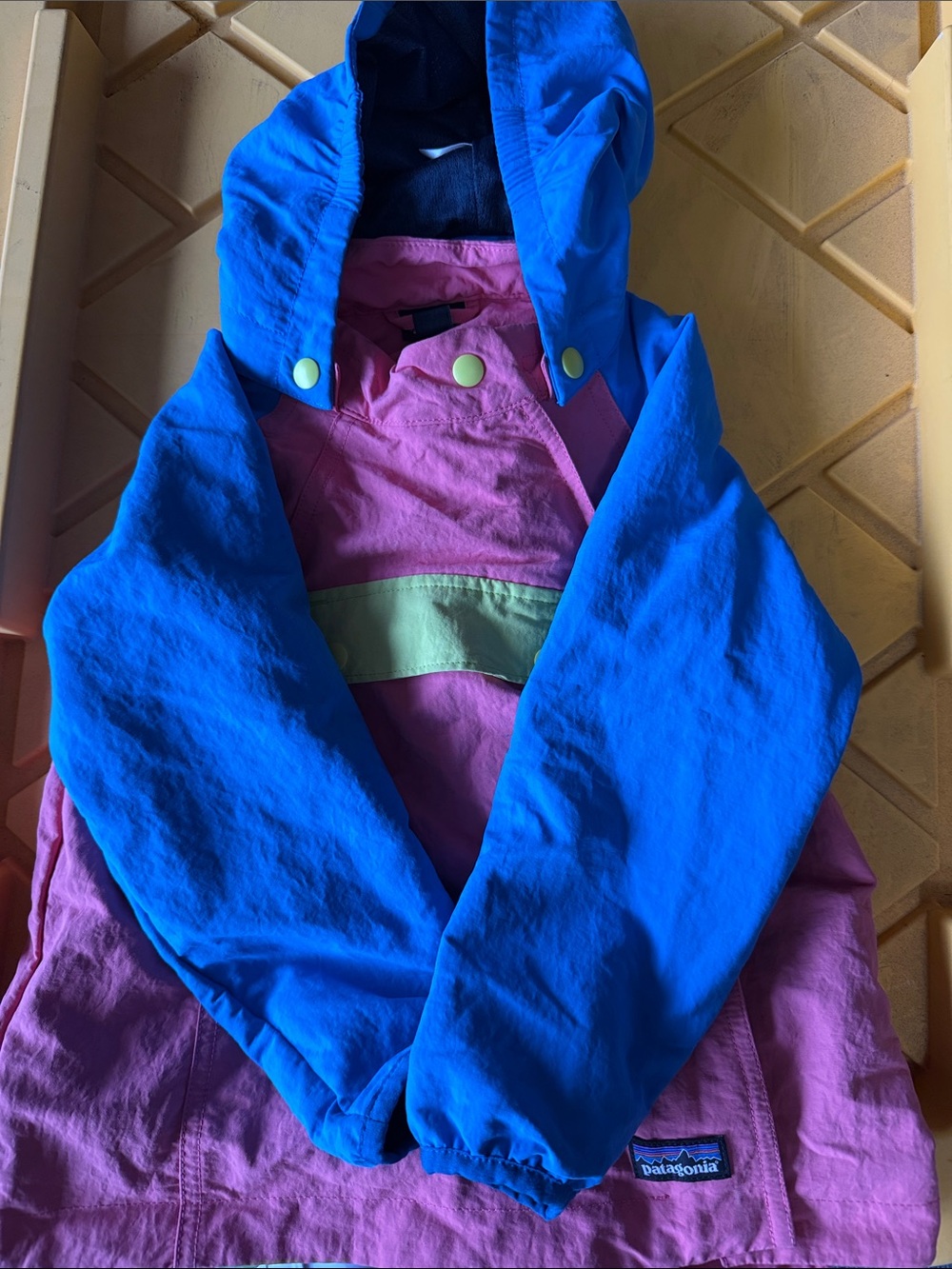 Patagonia Kids Hooded Rain Jacket - Blue, Pink & Light Green